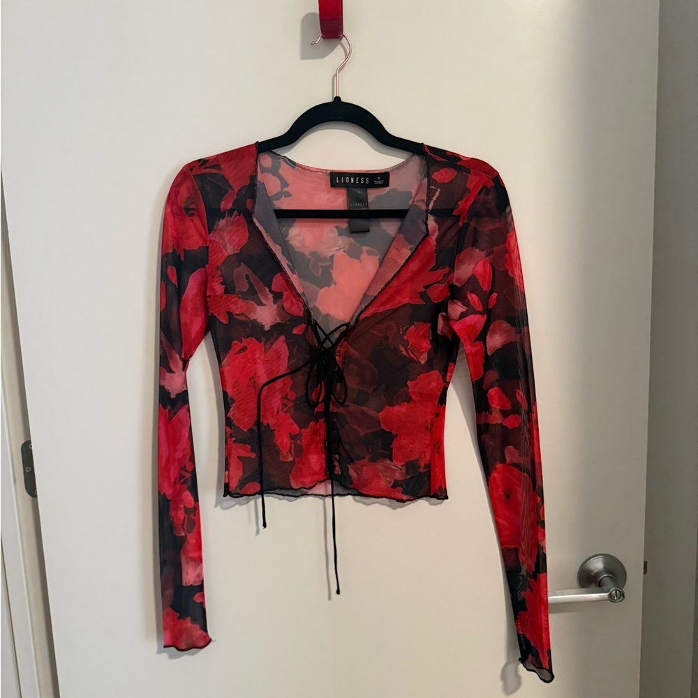 Lioness Red and Black Floral Lace-Up Blouse